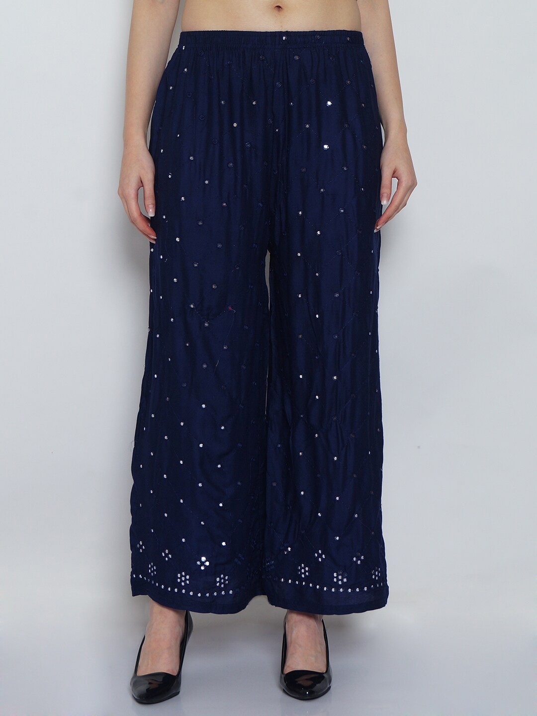 

Jinfo Women Navy Blue Embellished Flared Knitted Ethnic Palazzos