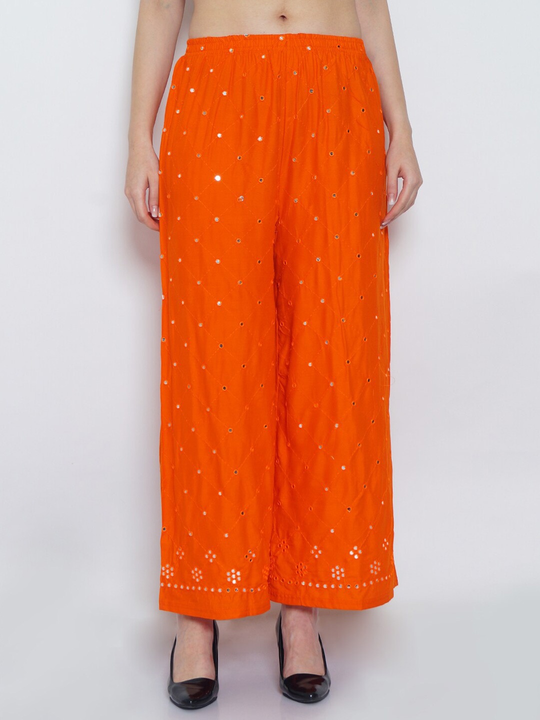 

Jinfo Women Orange Embellished Flared Knitted Ethnic Palazzos