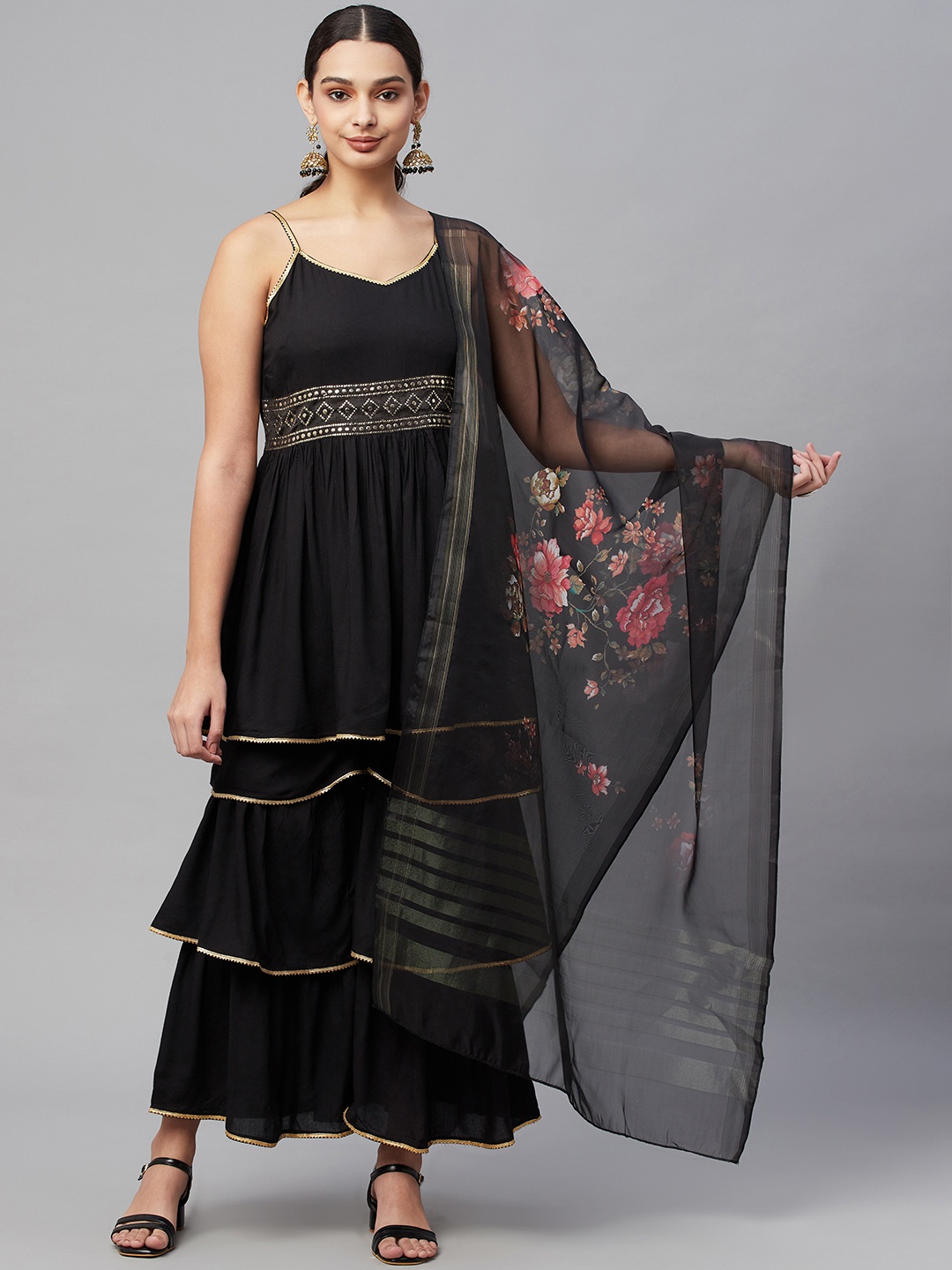 

Myshka Women Black Gotta Patti Kurta with Sharara & Dupatta