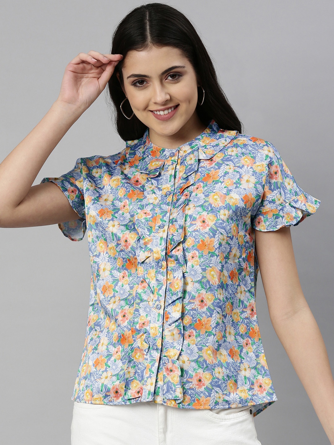

Emmyrobe Blue & Pink Floral Print Mandarin Collar Ruffles Shirt Style Top