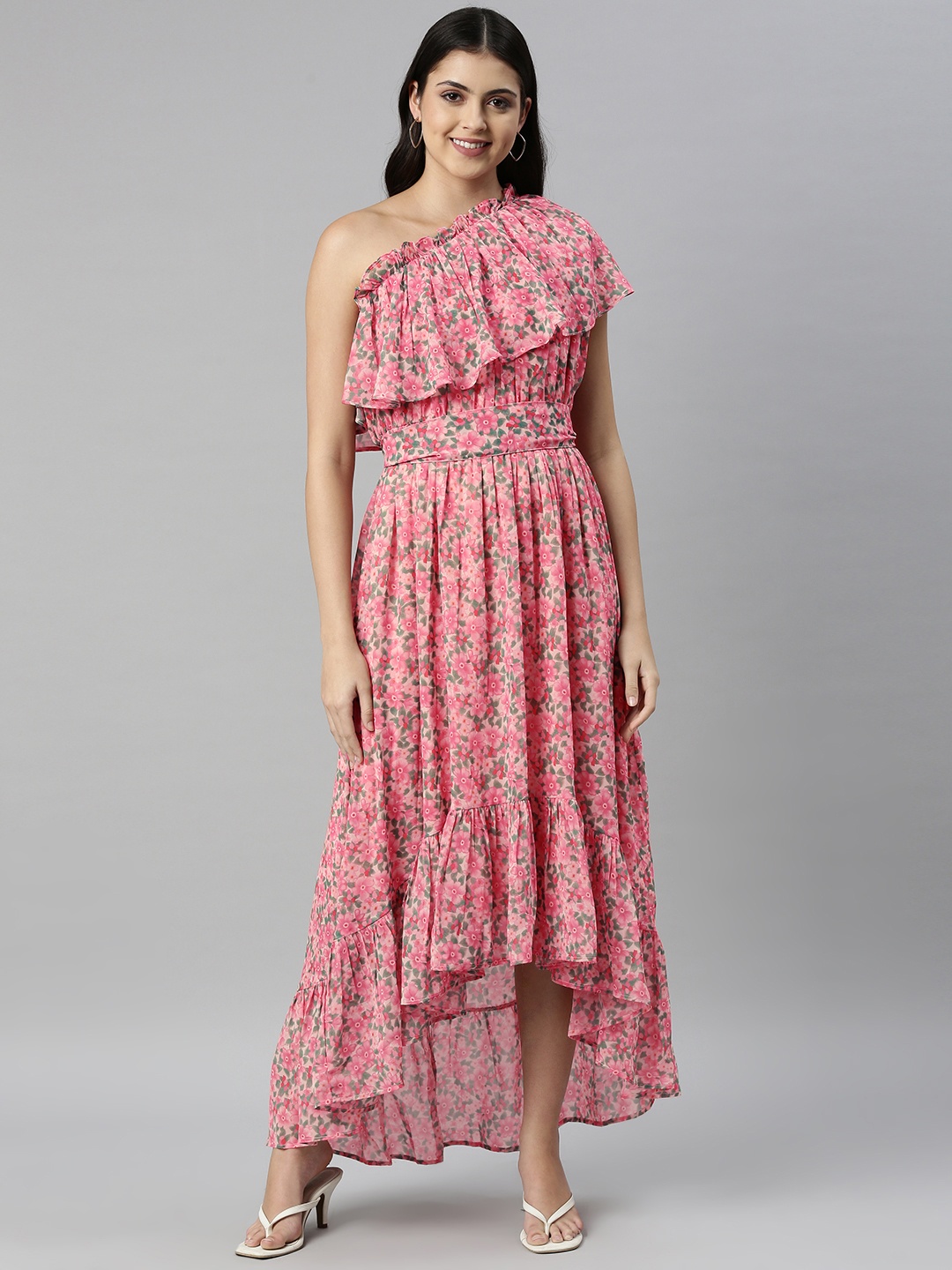

Emmyrobe Pink & Green Floral Printed One Shoulder Georgette Maxi Dress