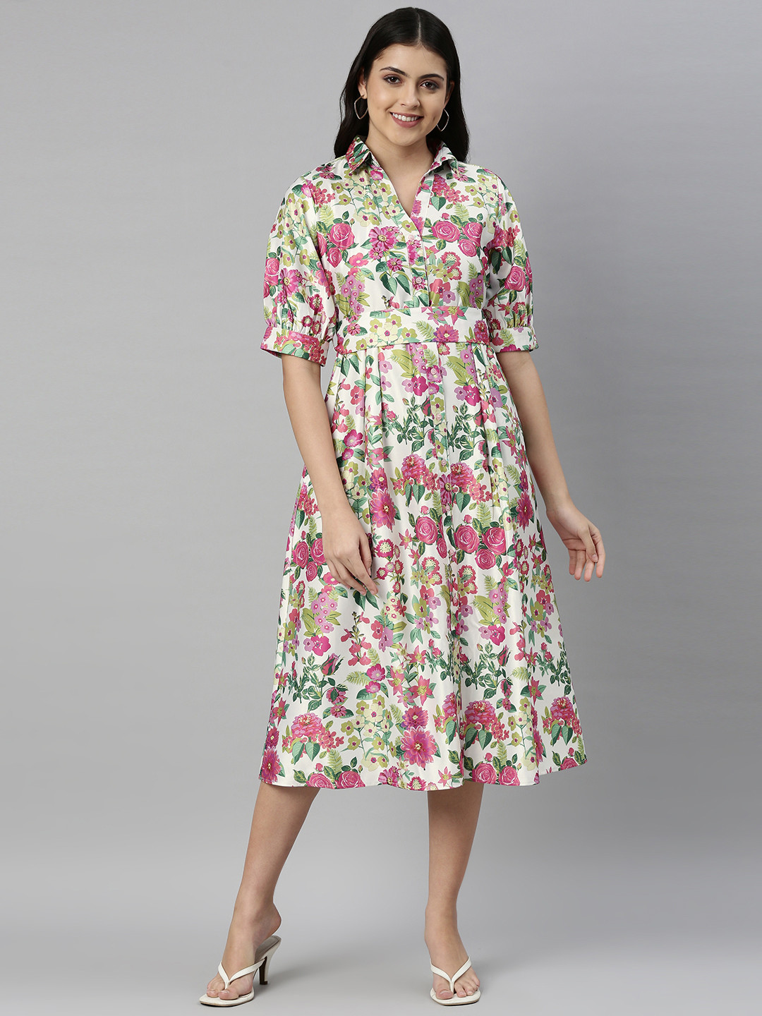

Emmyrobe Off White & Pink Floral Printed Satin Shirt Midi Dress