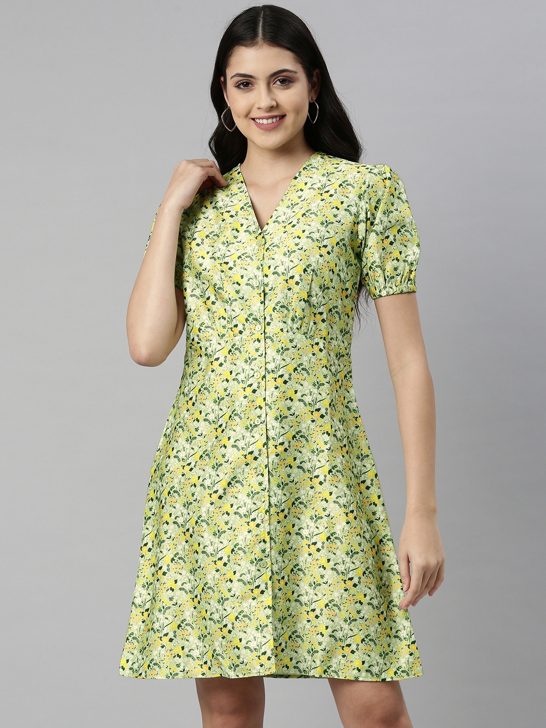 

Emmyrobe Green & Yellow Floral Print Satin A-Line Dress