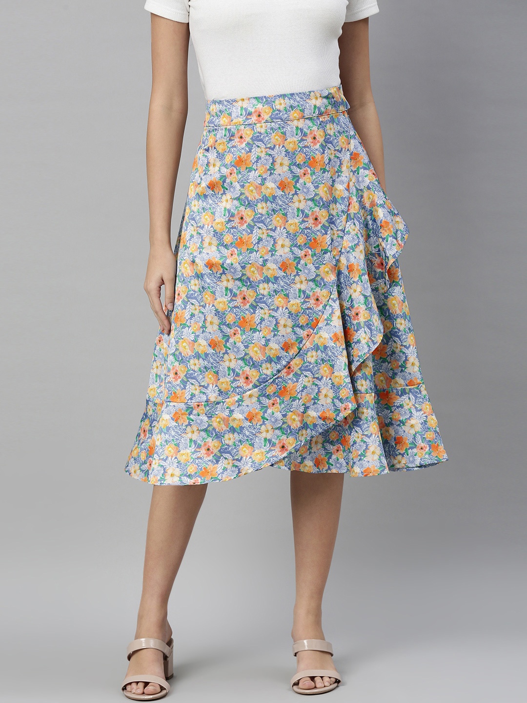 

Emmyrobe Women Blue & Yellow Floral Printed Tulip Hem Flared Skirt