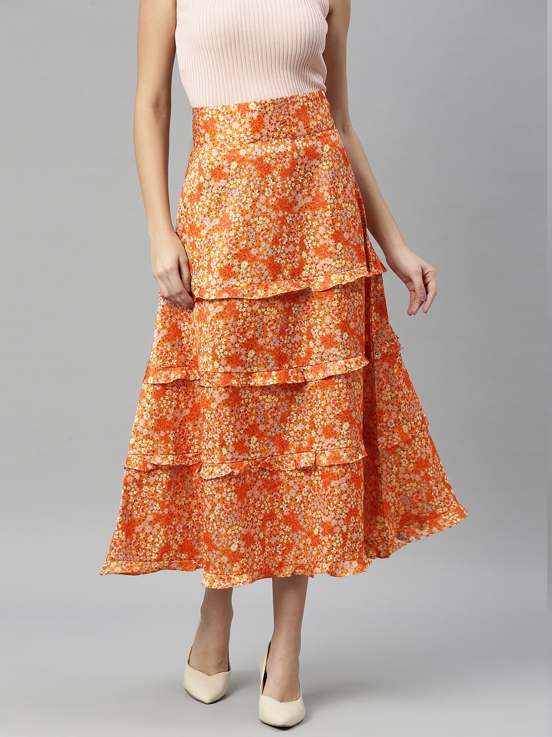 

Emmyrobe Women Orange & White Floral Print Tiered Midi A-Line Skirt