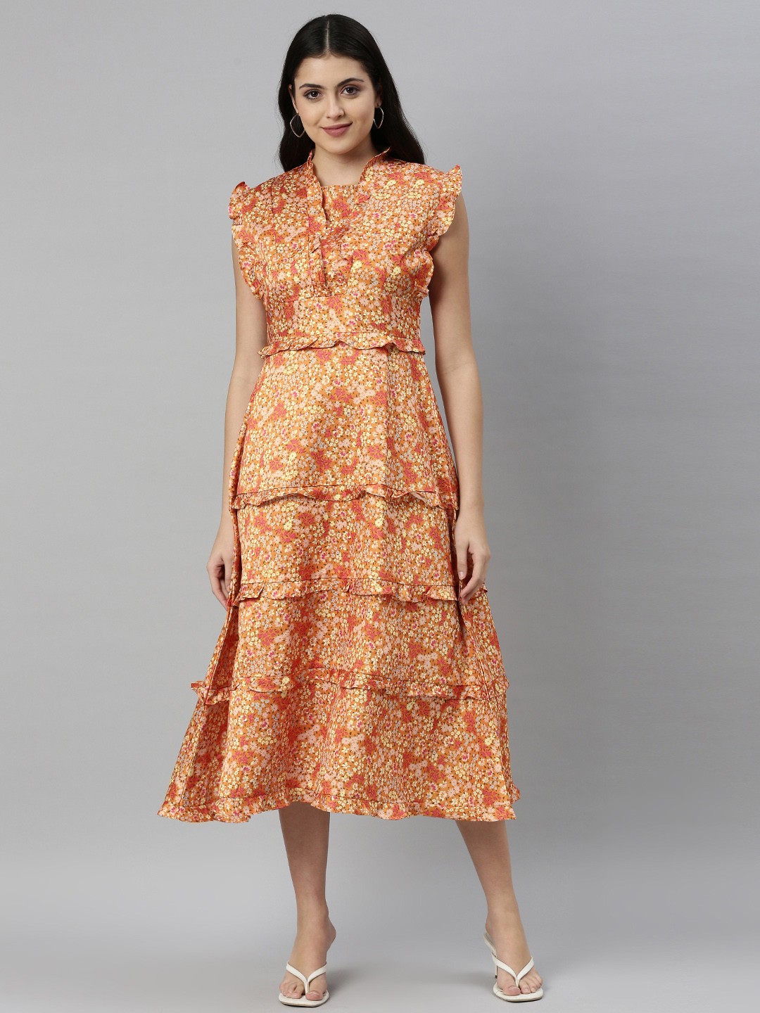 

Emmyrobe Orange & Pink Floral Printed Satin A-Line Midi Dress