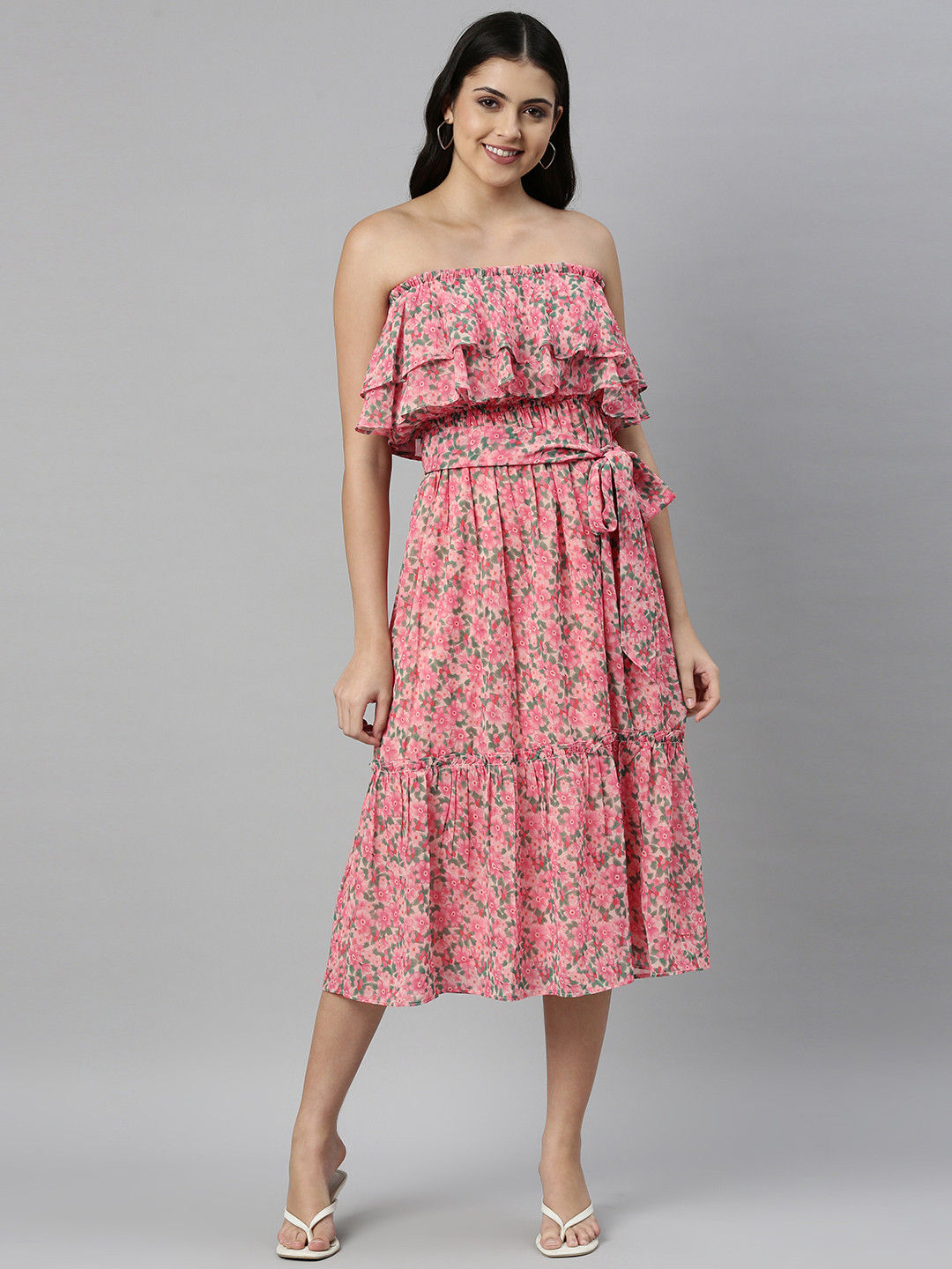 

Emmyrobe Pink & Green Floral Printed Off-Shoulder Georgette A-Line Midi Dress