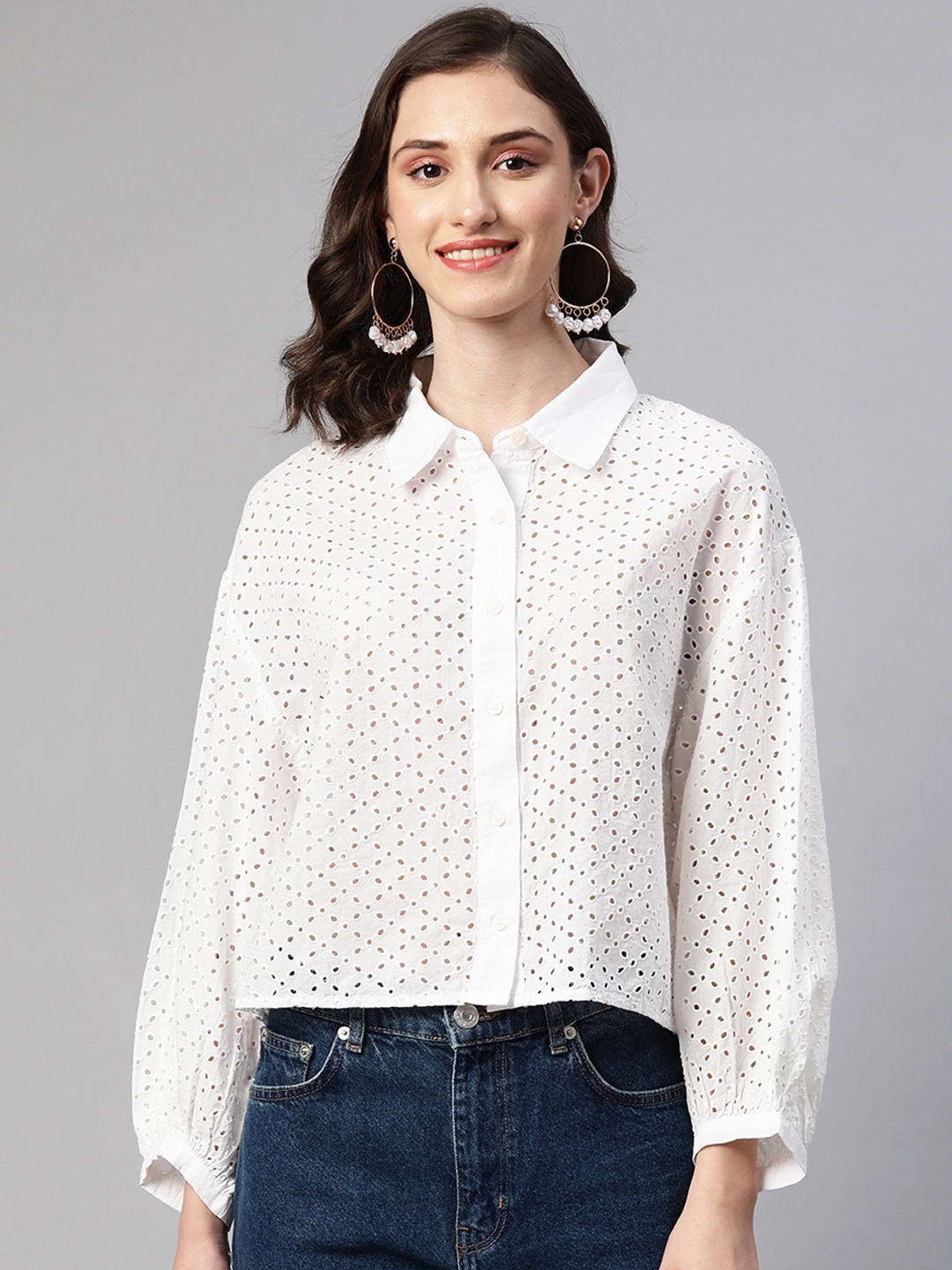 

I AM FOR YOU Women White Boxy Fit Schiffli Pure Cotton Casual Shirt