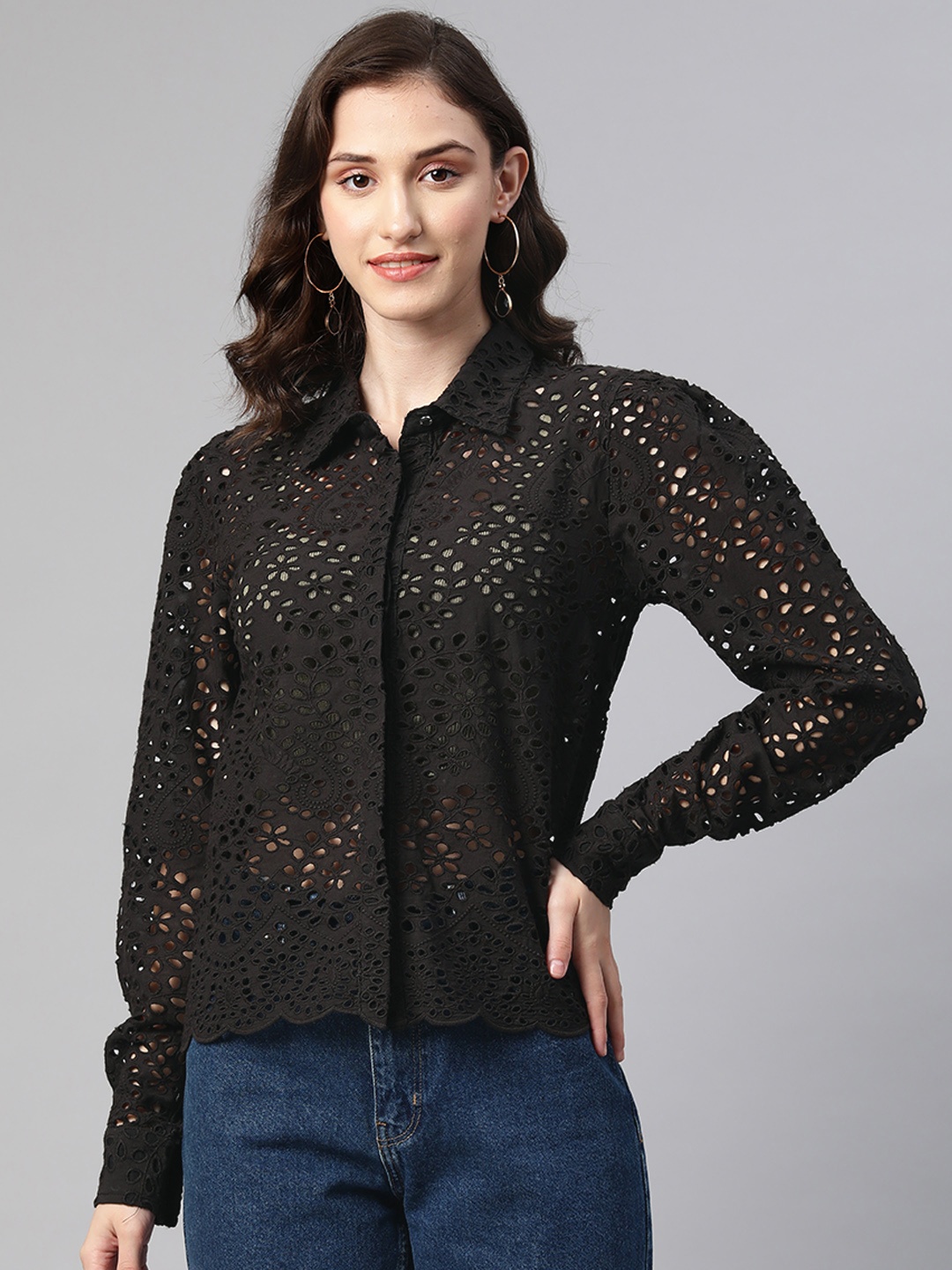 

I AM FOR YOU Women Black Schiffli Embroidered Semi Sheer Pure Cotton Casual Shirt