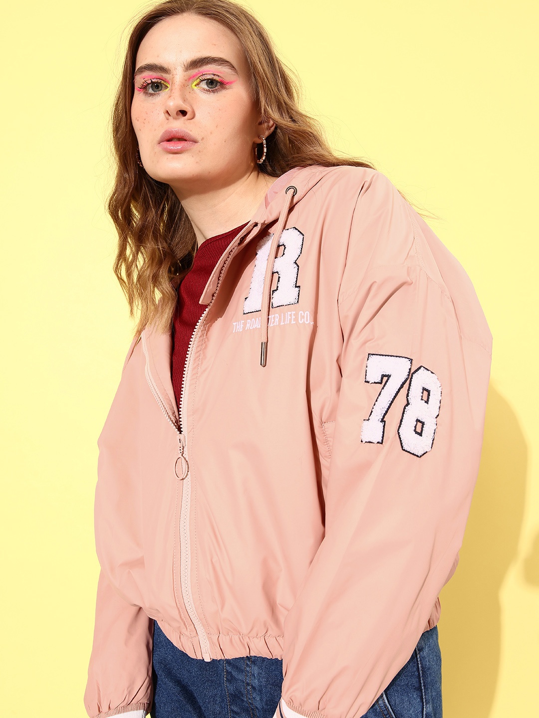 

The Roadster Lifestyle Co. Women Brand Logo Printed Windcheater Hooded Sporty Jacket, Rose