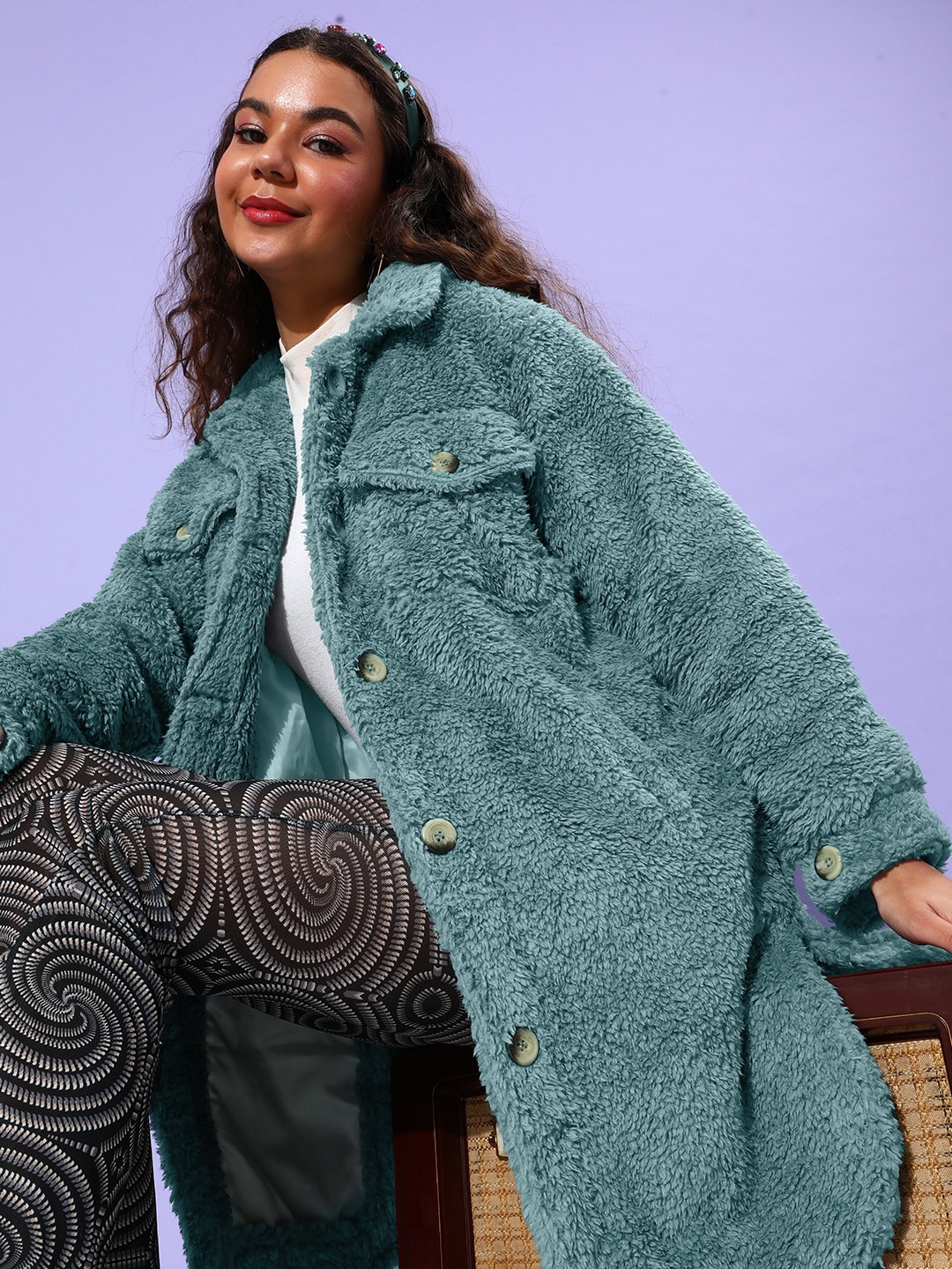 

Roadster Women Solid Longline Sherpa Jacket, Blue