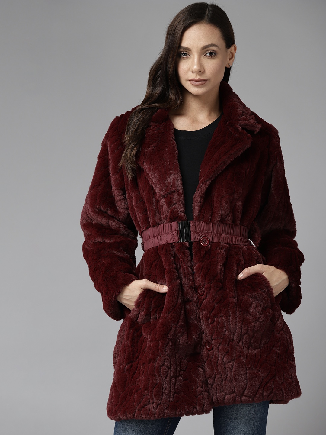 

Roadster Women Maroon Longline Tailored Jacket with Belt