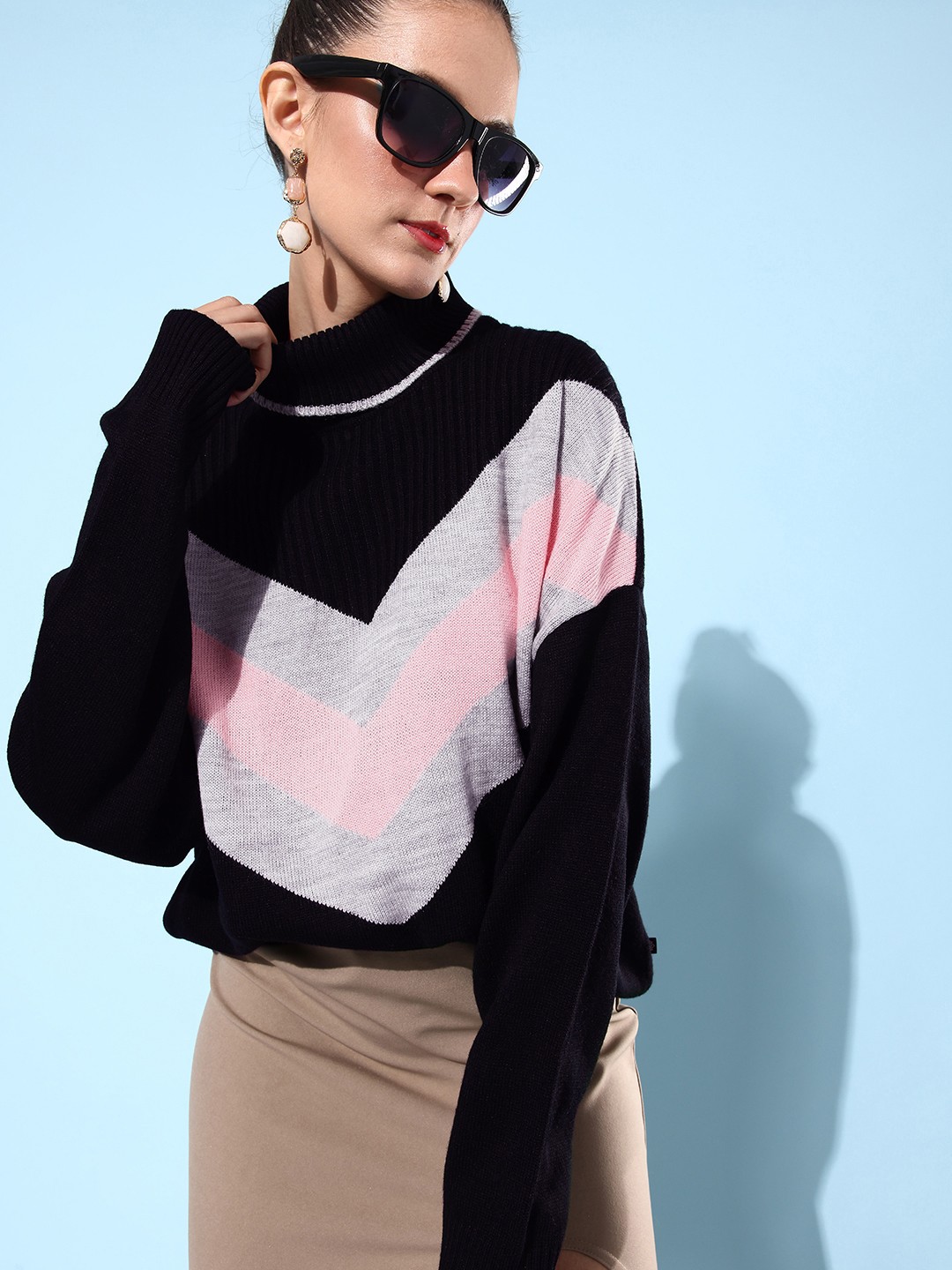 

The Roadster Lifestyle Co. Women Colourblocked High-Neck Pullover Sweater, Black