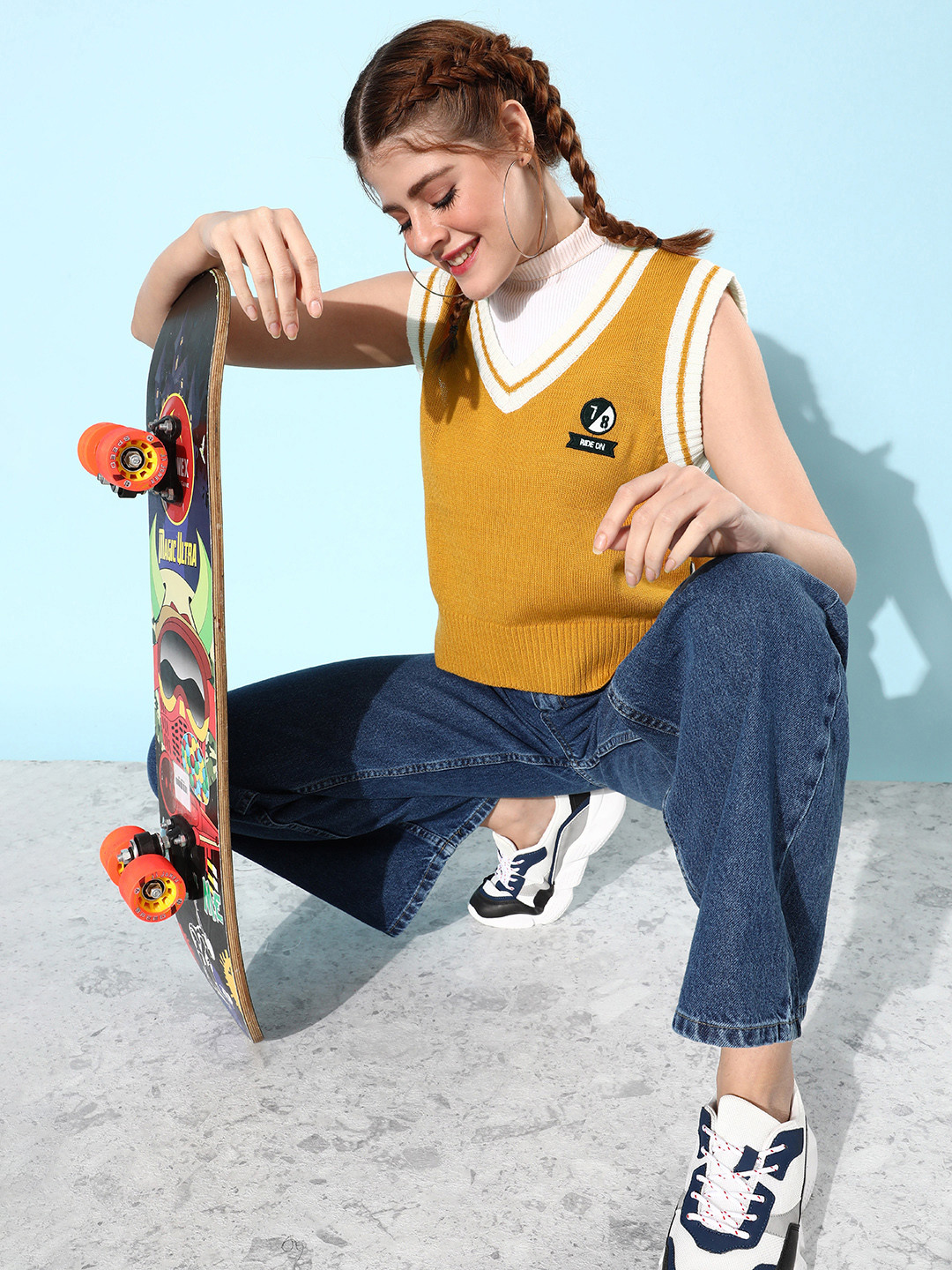 

The Roadster Life Co. Women V-Neck Sleeveless Acrylic Pullover with Embroidered Detail, Mustard