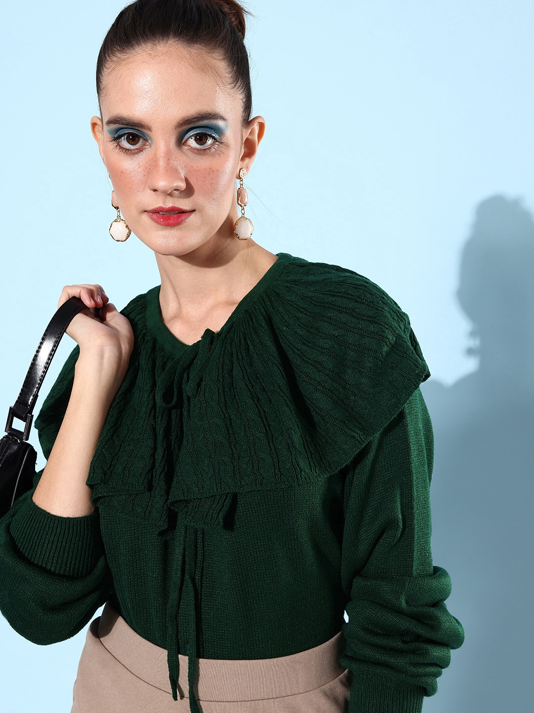 

The Roadster Lifestyle Co. Women Cable Knit Cardigan Sweater With Exaggerated Collar, Green