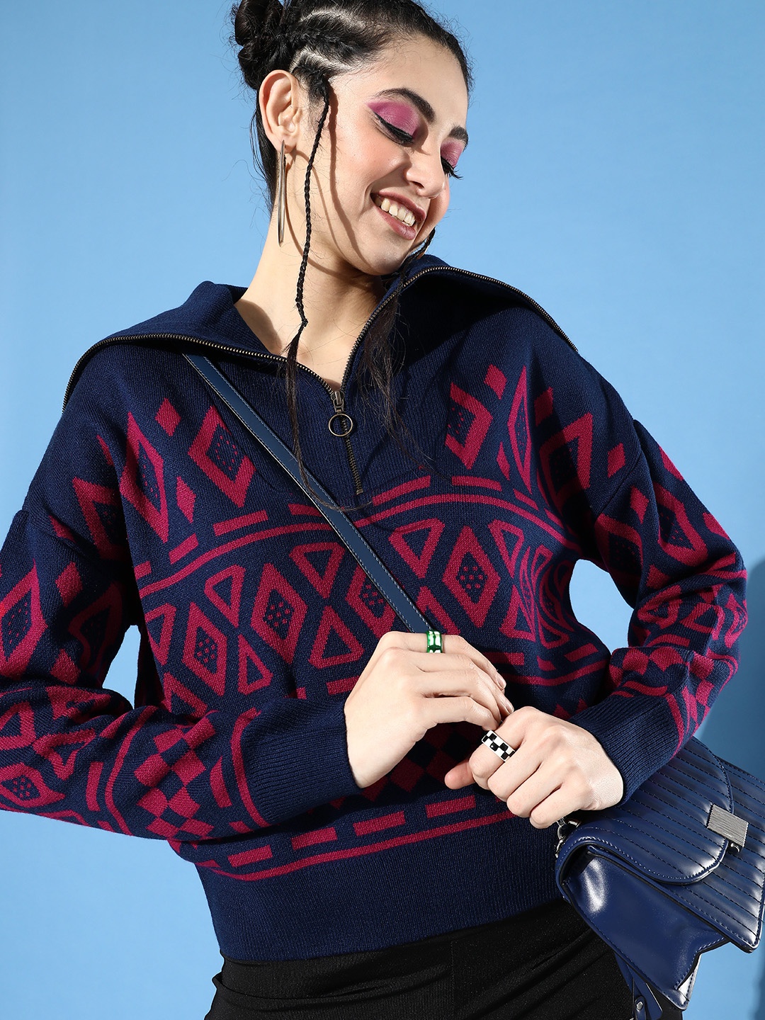 

The Roadster Lifestyle Co. Women Medieval Blue & Magenta Pink Christmas Fair Isle Pullover, Navy blue