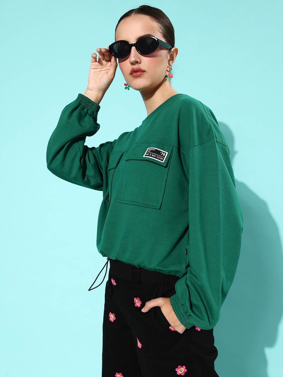 Roadster Women Green Solid Utility Sweatshirt