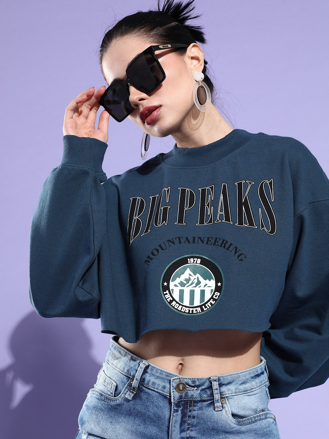 

The Roadster Lifestyle Co. Women Graphic Printed Crop Pullover Sweatshirt, Blue