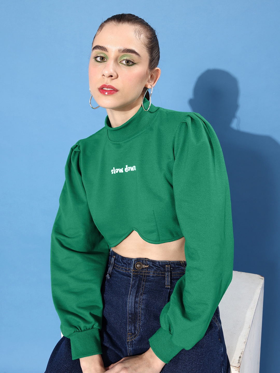 

The Roadster Life Co. Women Lushy Green Super Cropped Underbust Curve Sweatshirt