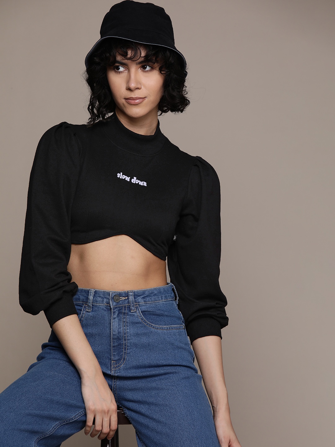 

The Roadster Lifestyle Co. Puff Sleeves Crop Elasticated Hem Sweatshirt, Black