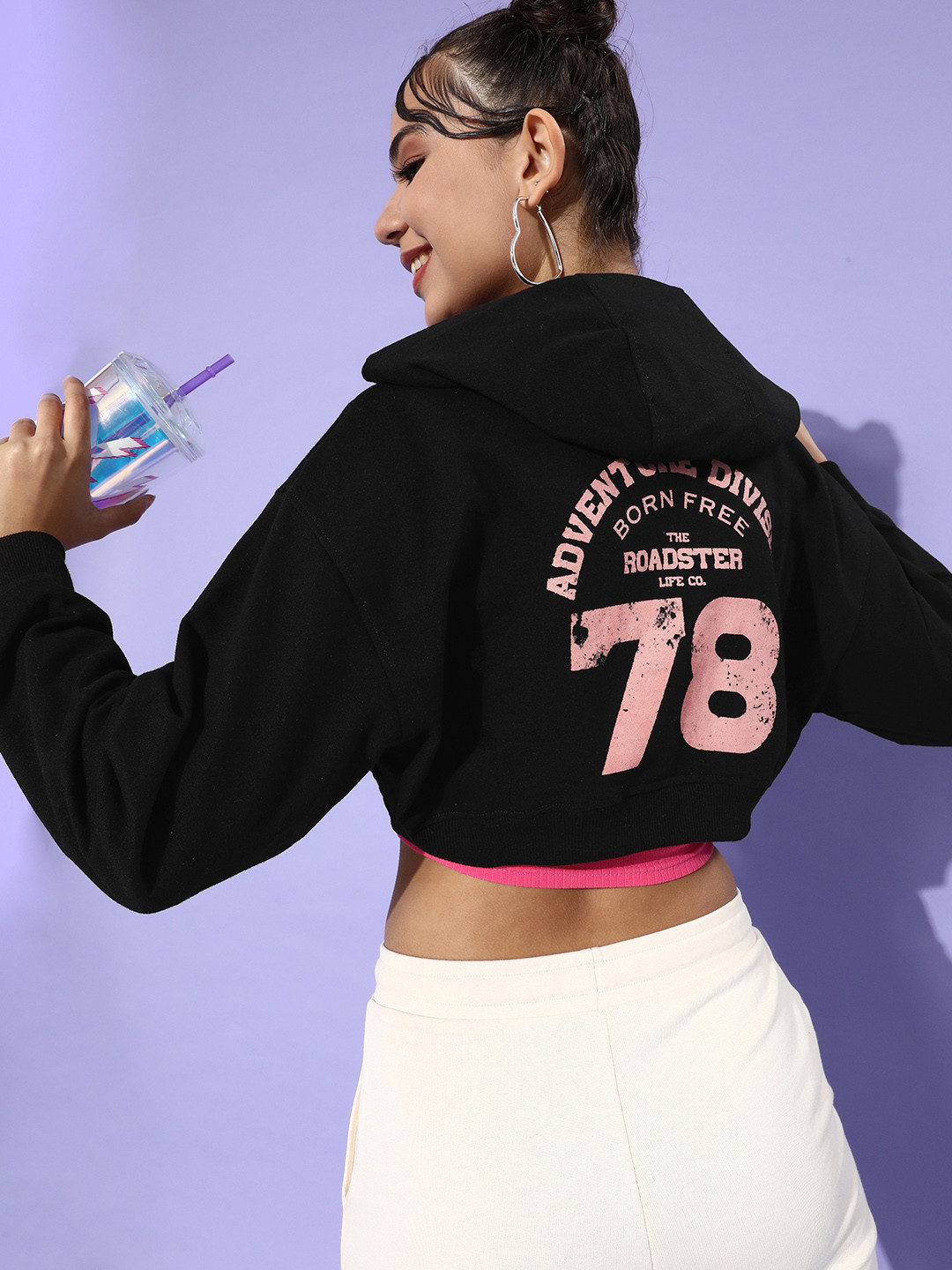 

The Roadster Life Co. Women Black Printed Hooded Cropped Sweatshirt
