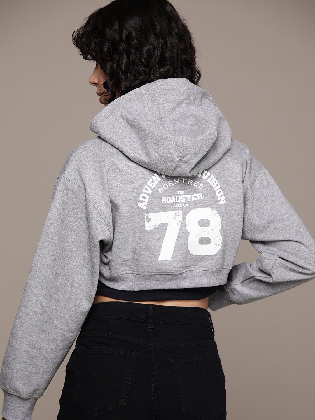 

The Roadster Lifestyle Co. Printed Hooded Crop Sweatshirt, Grey