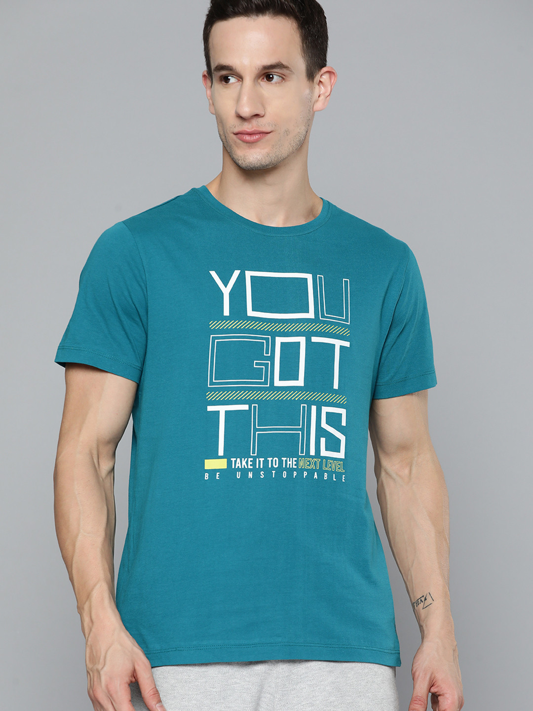 

HRX By Hrithik Roshan Lifestyle Men Petrol Pure Cotton Bio-Wash Typography T-shirts, Blue