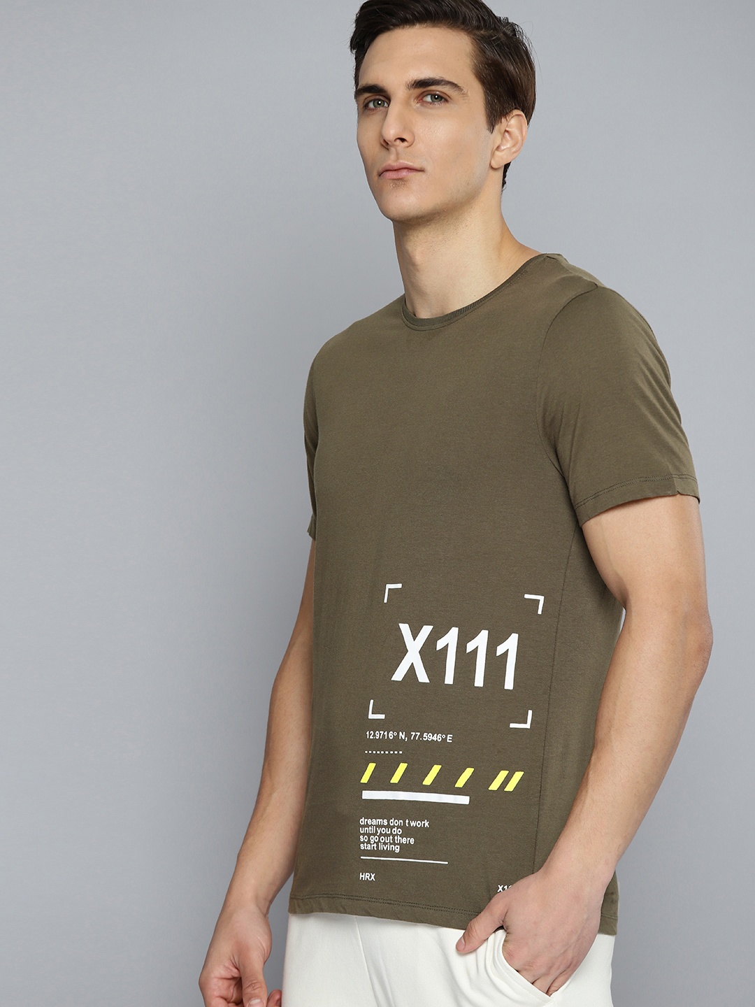 

HRX By Hrithik Roshan Lifestyle Men Olive Bio-Wash Typography Pure Cotton T-shirt