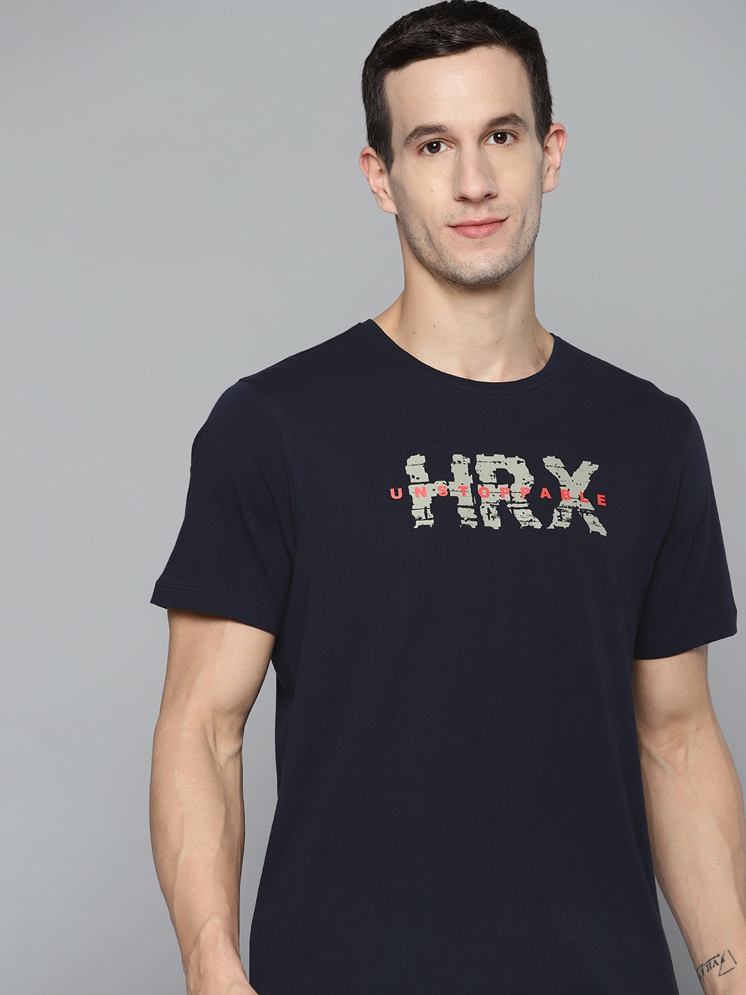 

HRX By Hrithik Roshan Lifestyle Men Navy Mel Bio-Wash Brand Carrier Tshirts, Navy blue