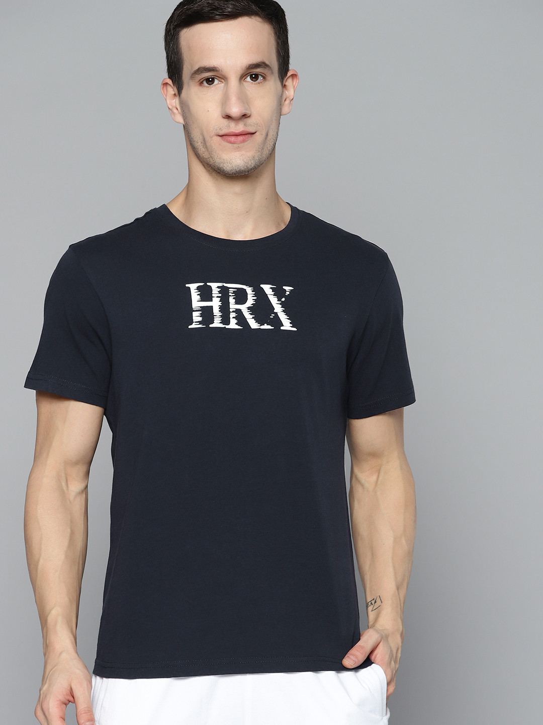 

HRX By Hrithik Roshan Lifestyle Men Navy Mel Bio-Wash Brand Carrier Tshirts, Navy blue
