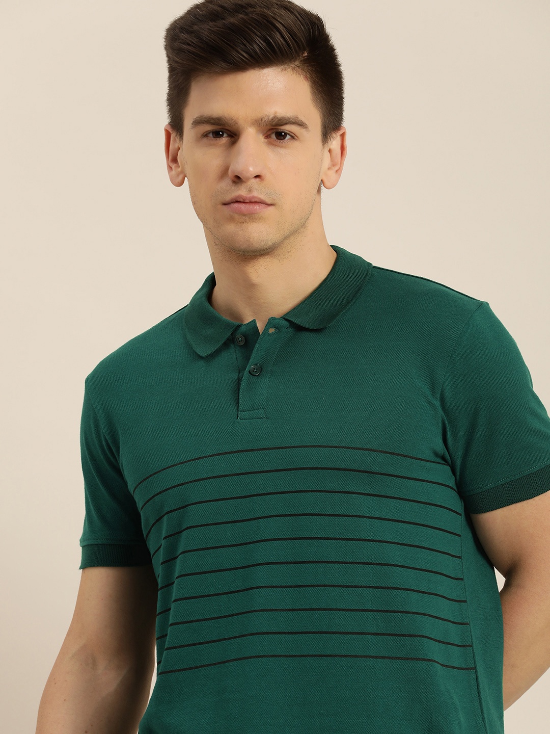 

INVICTUS Men Green & Black Striped Polo Collar Pure Cotton T-shirt