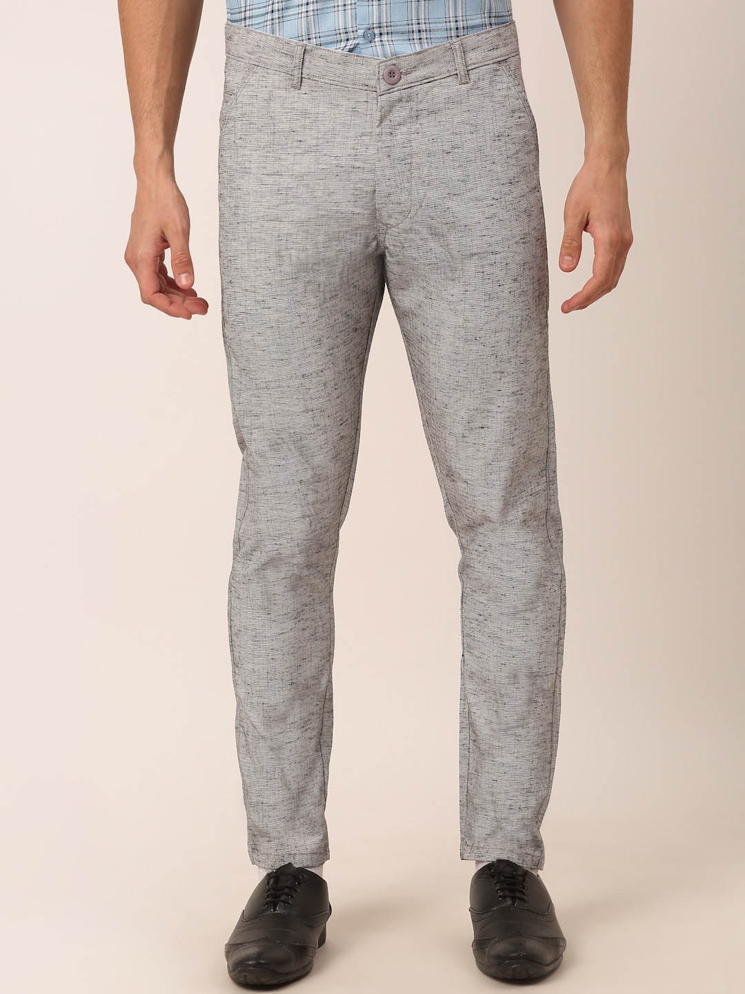 

JAINISH Men Grey Textured Smart Slim Fit Pure Cotton Formal Trousers