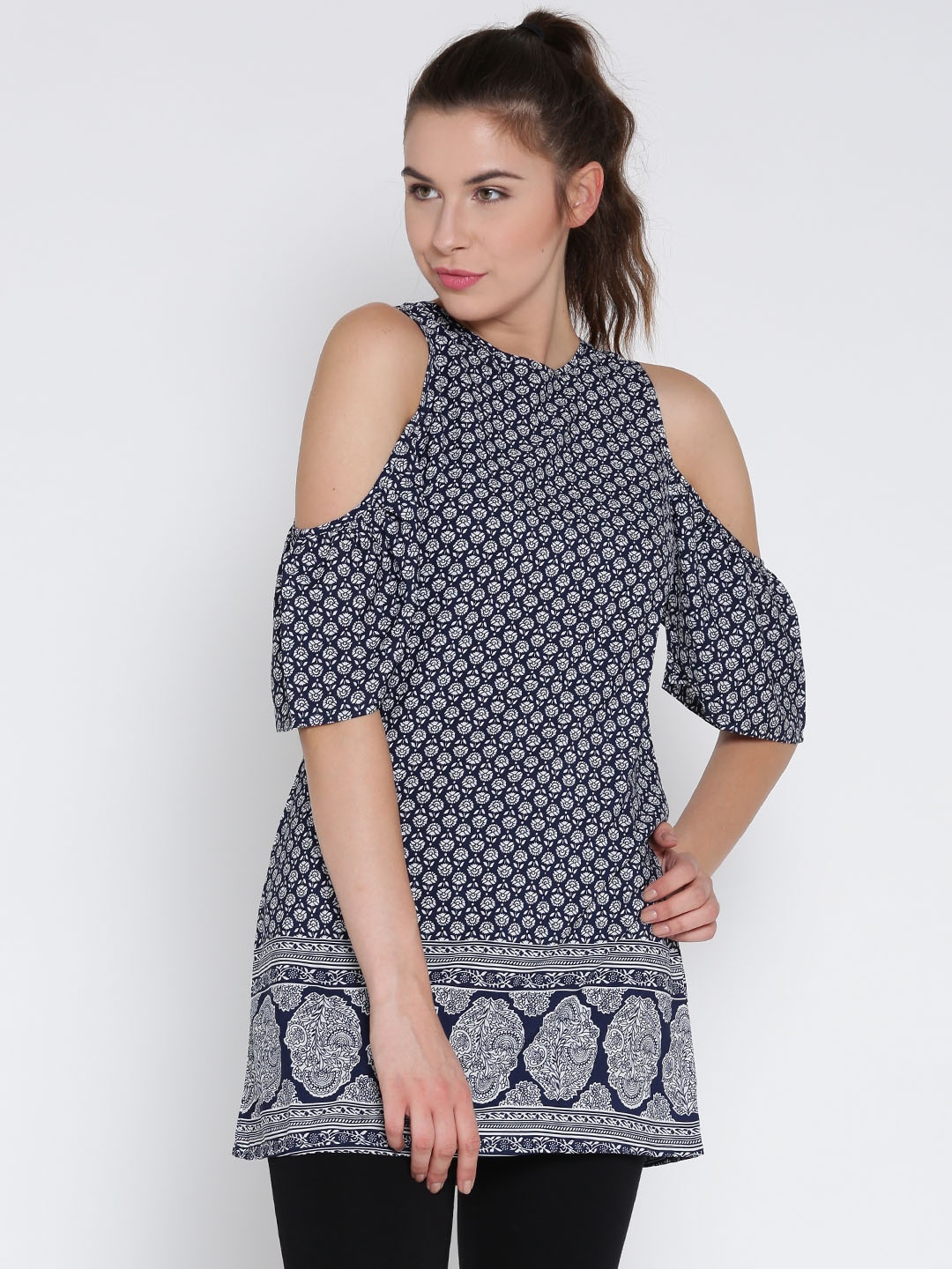 

Veni Vidi Vici Navy & White Printed Cold Shoulder Tunic, Navy blue