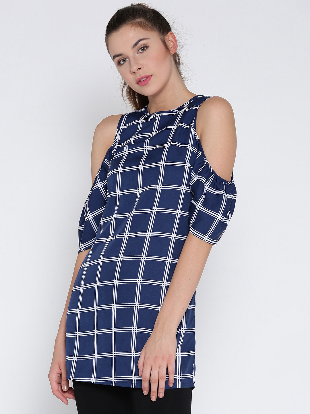 

Veni Vidi Vici Blue & White Checked Cold Shoulder Tunic