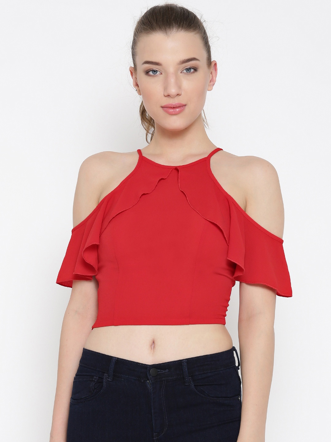 

Veni Vidi Vici Women Red Solid Cold Shoulder Top