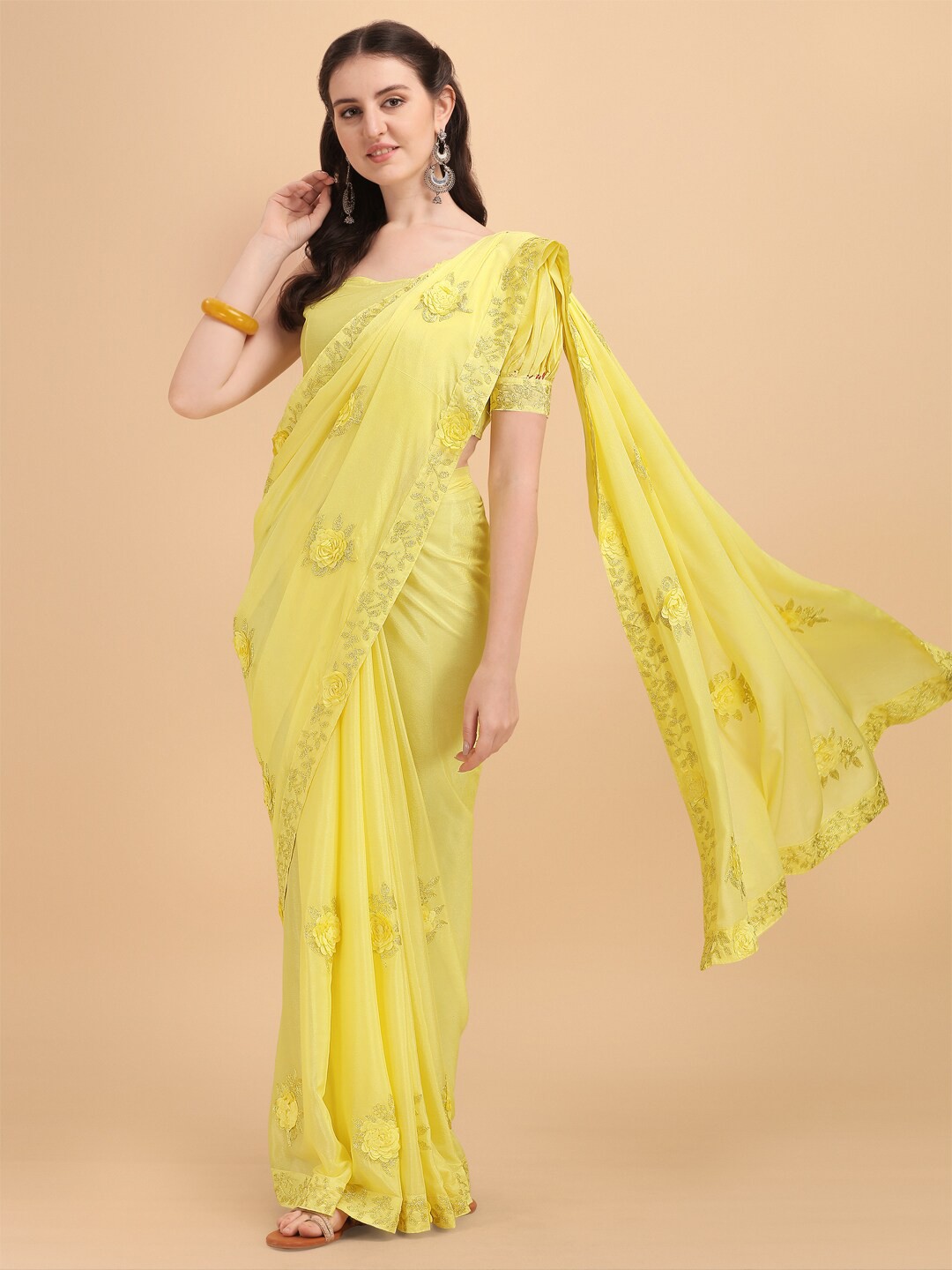 

Sangria Yellow Chiffon Floral Embroidered Saree