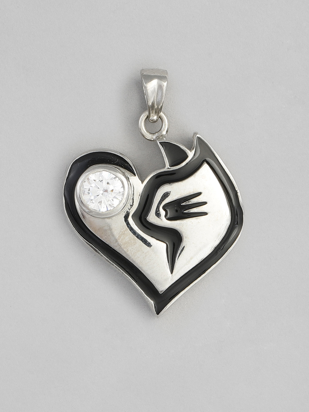

Onaifa Silver-Plated & Black CZ Studded Cat Pendant