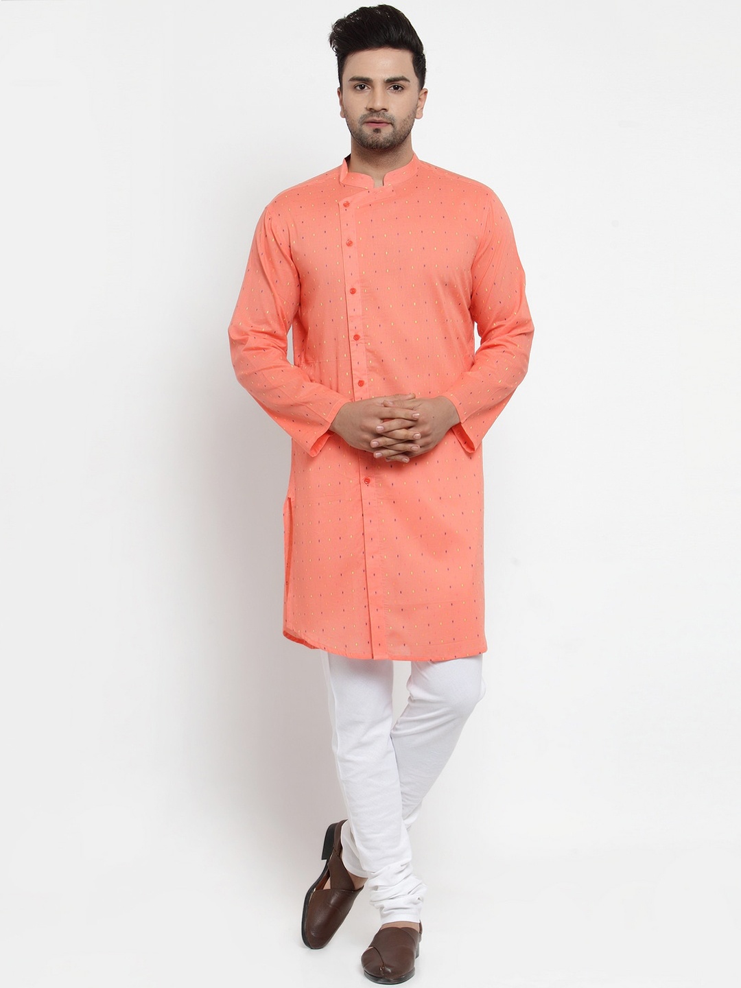 

NEUDIS Men Peach-Coloured Pure Cotton Angrakha Kurta with Churidar
