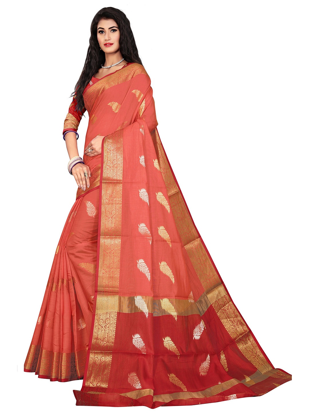 

Rivana Peach-Coloured & Red Ethnic Motifs Zari Pure Cotton Chanderi Saree