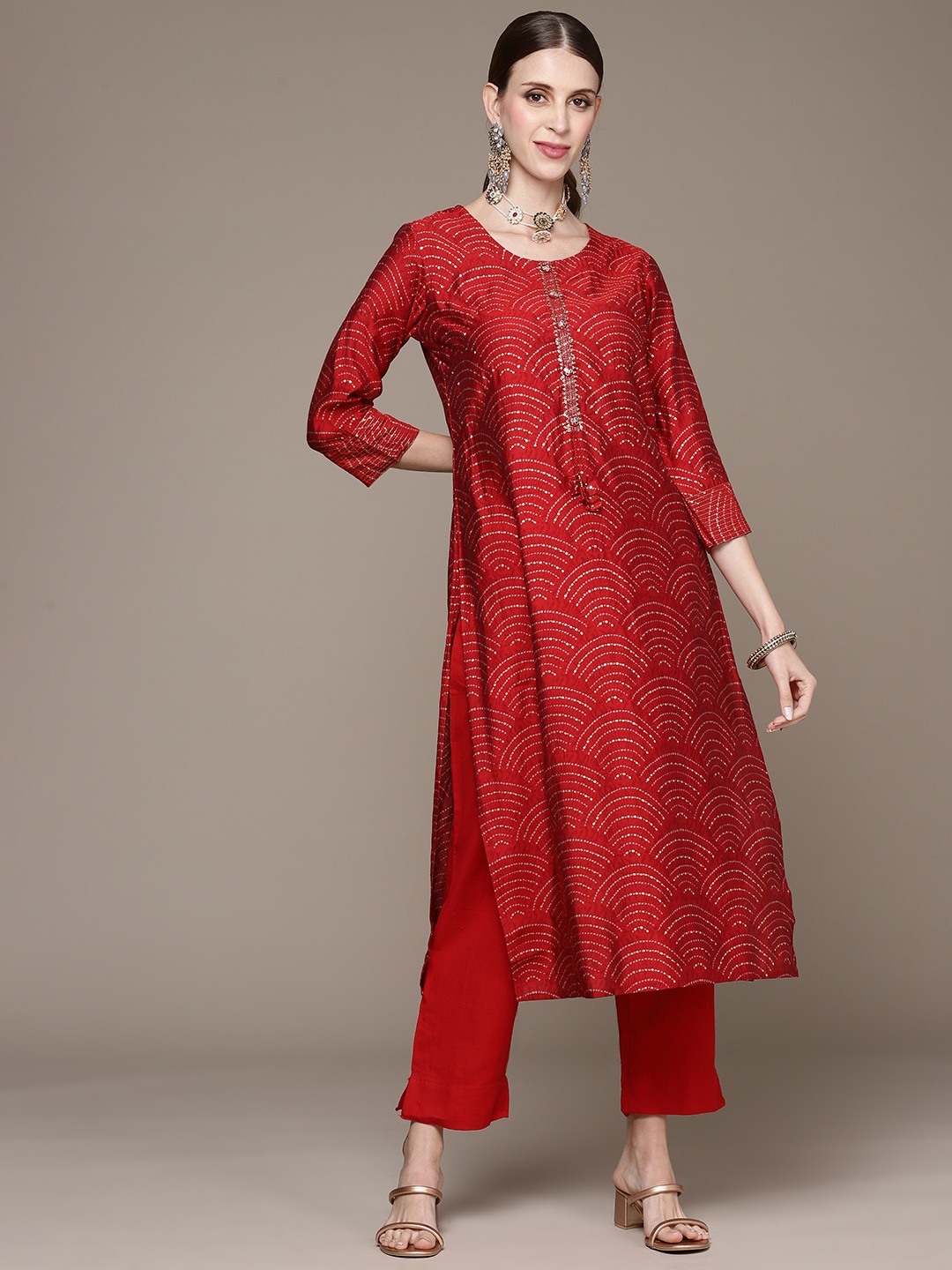 

Ishin Red Bandhani Embroidered Kurta with Trousers