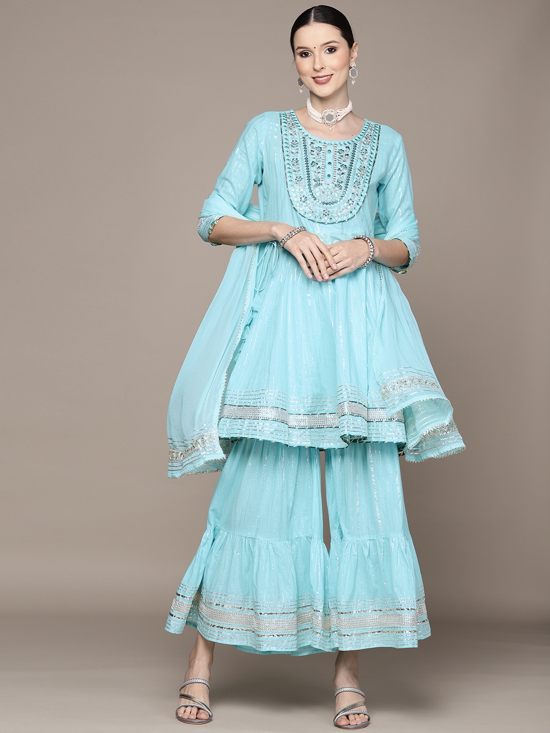 

Ishin Blue Ethnic Motifs Embroidered Pure Cotton Kurta with Sharara & Dupatta