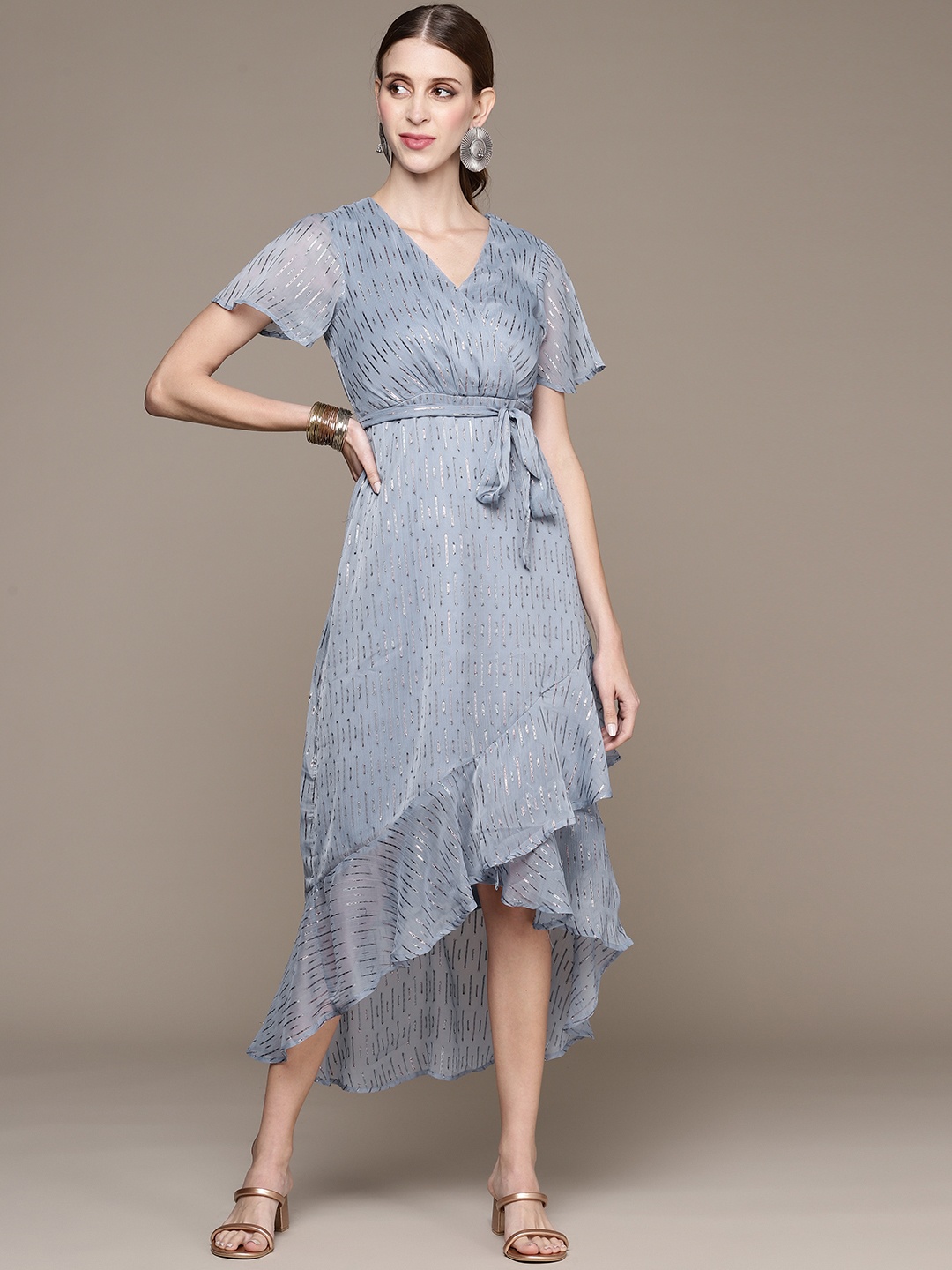 

Ishin Blue & Silver Printed Flounce Asymmetric Hem Midi Dress