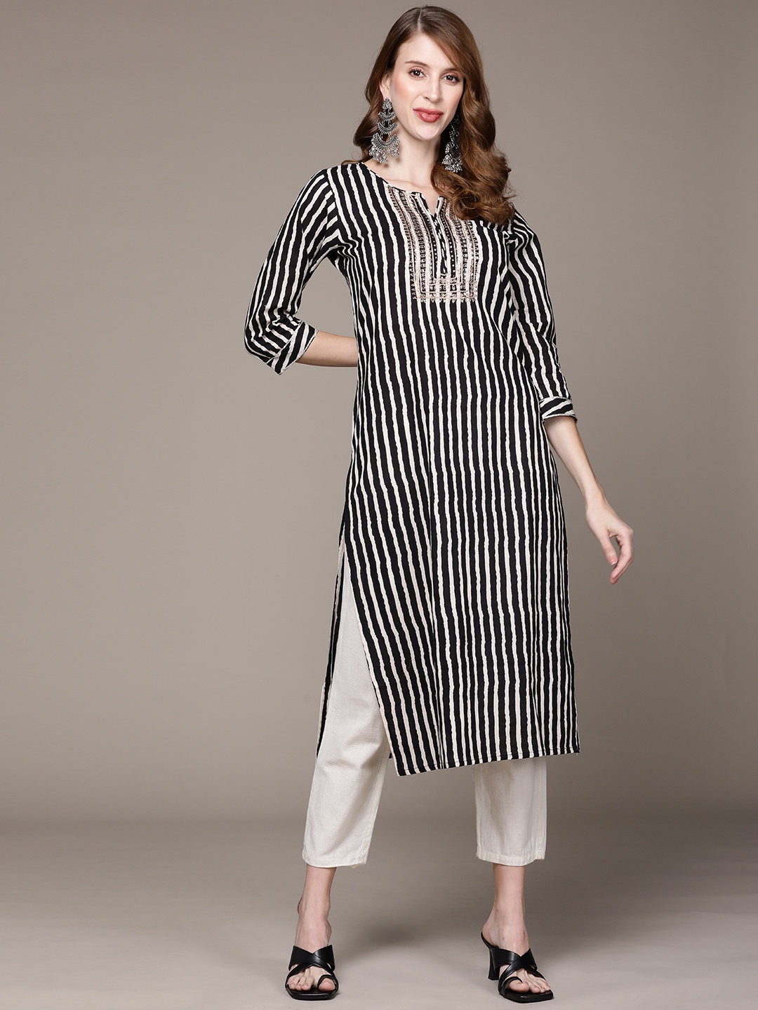 

Ishin Women Black & White Striped Sequinned Kurta