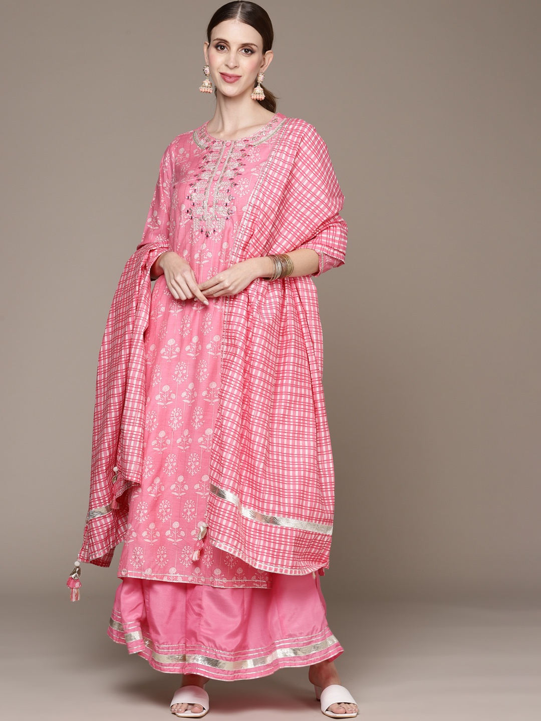 

Ishin Women Pink Floral Print Pure Silk Kurta with Sharara & Dupatta