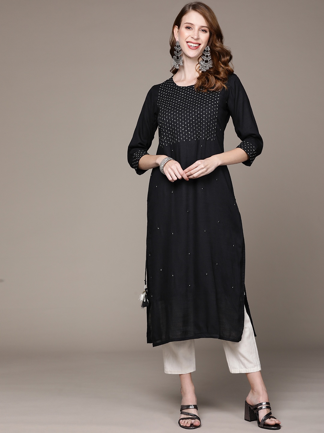 

Ishin Women Black Ethnic Motifs Embroidered Mirror Work Kurta