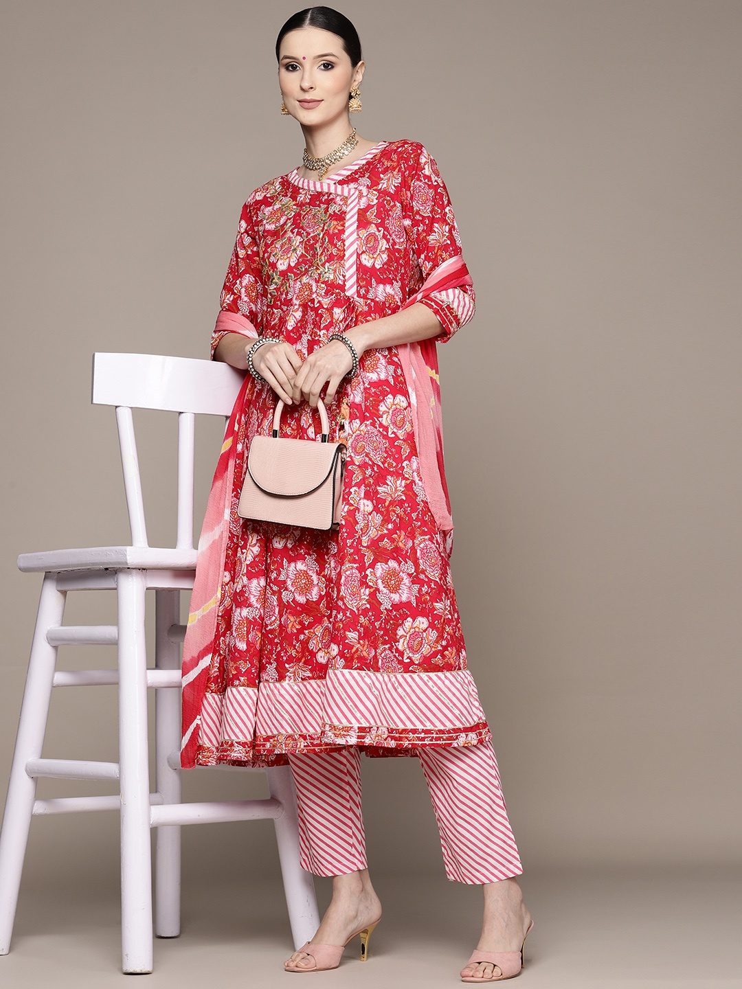 

Ishin Women Pink Floral Printed Angrakha Gotta Patti Kurta with Trousers & With Dupatta