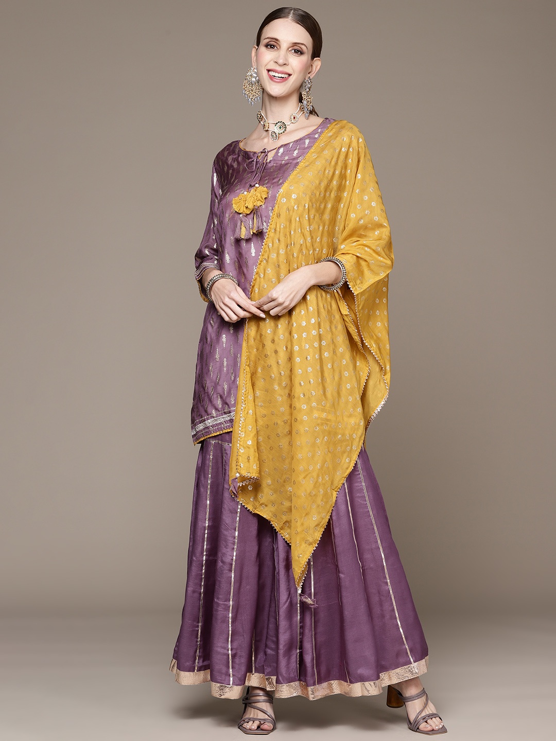 

Ishin Women Purple Floral Printed Gotta Patti Kurta with Sharara & Dupatta