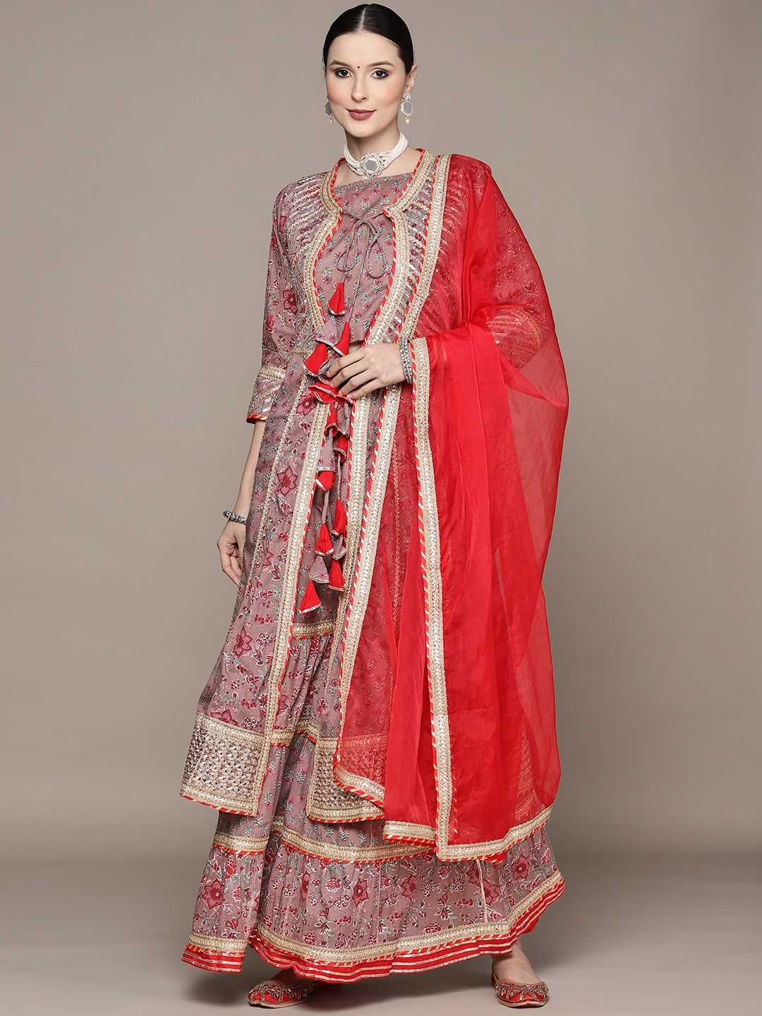 

Ishin Taupe Floral Embroidered Gotta Patti Kurta with Sharara & Dupatta