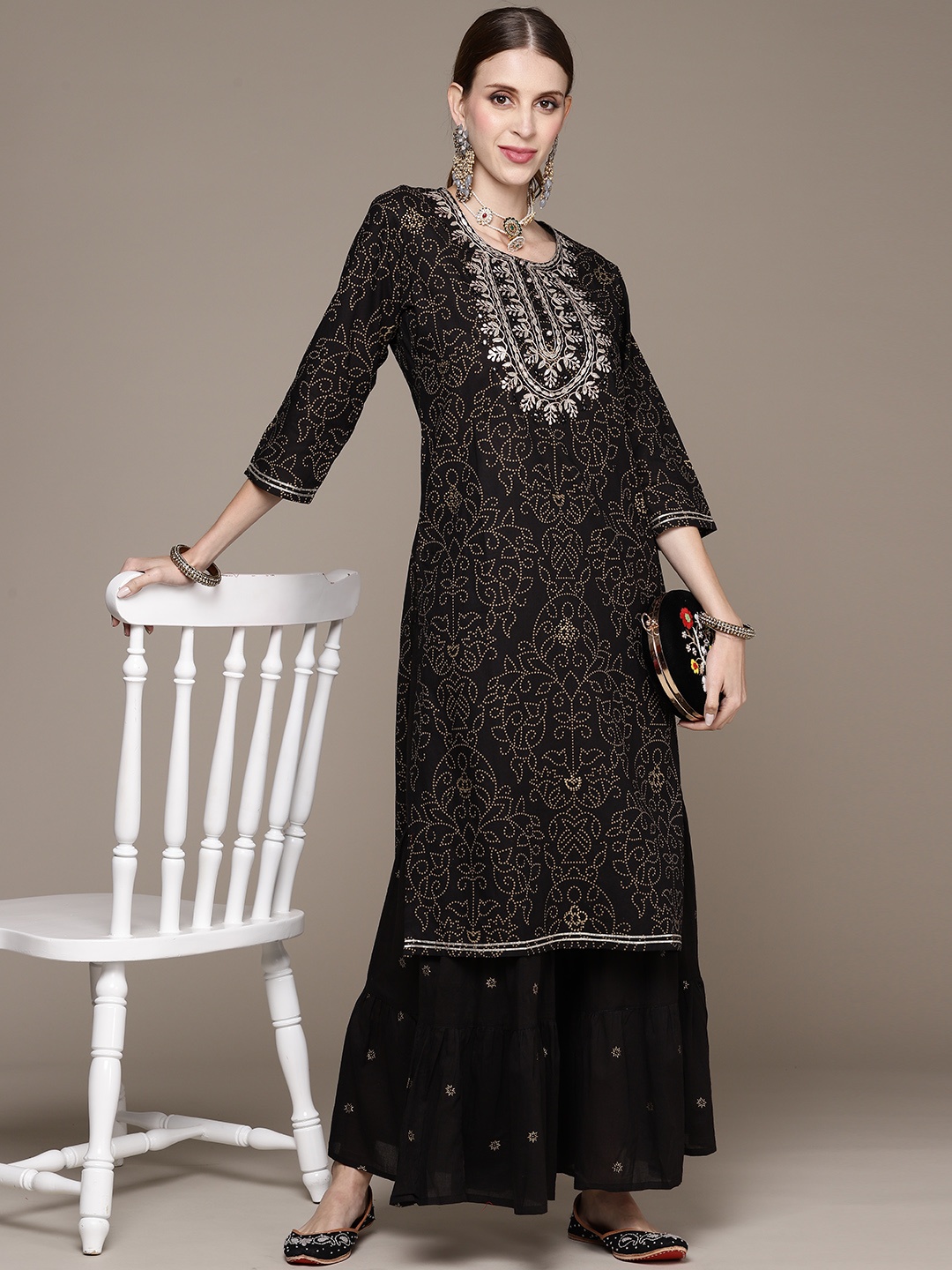 

Ishin Black Floral Embroidered Gotta Patti Kurta with Sharara