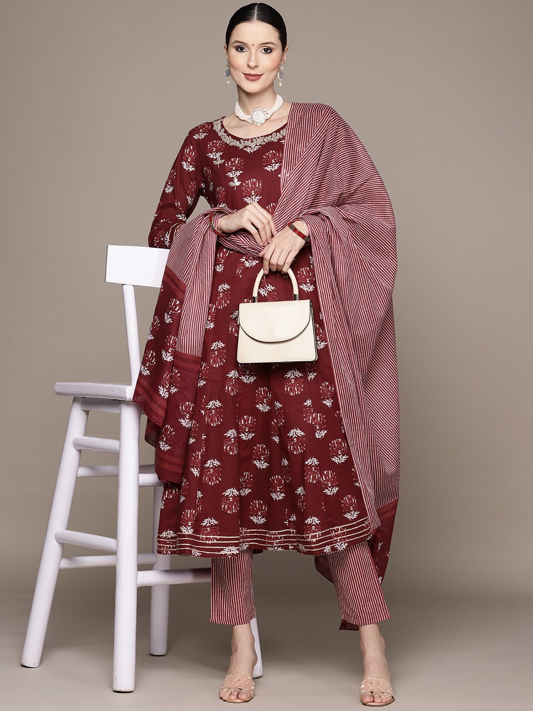 

Ishin Women Maroon Embroidered Gotta Patti Pure Cotton Kurta with Trousers & Dupatta